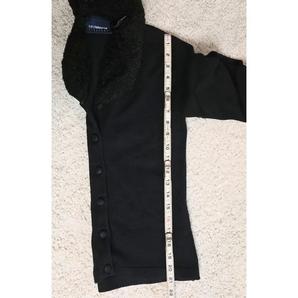 Liz Claiborne Faux Fur Collar Cardigan Sweater Black Petite Size Tag Removed